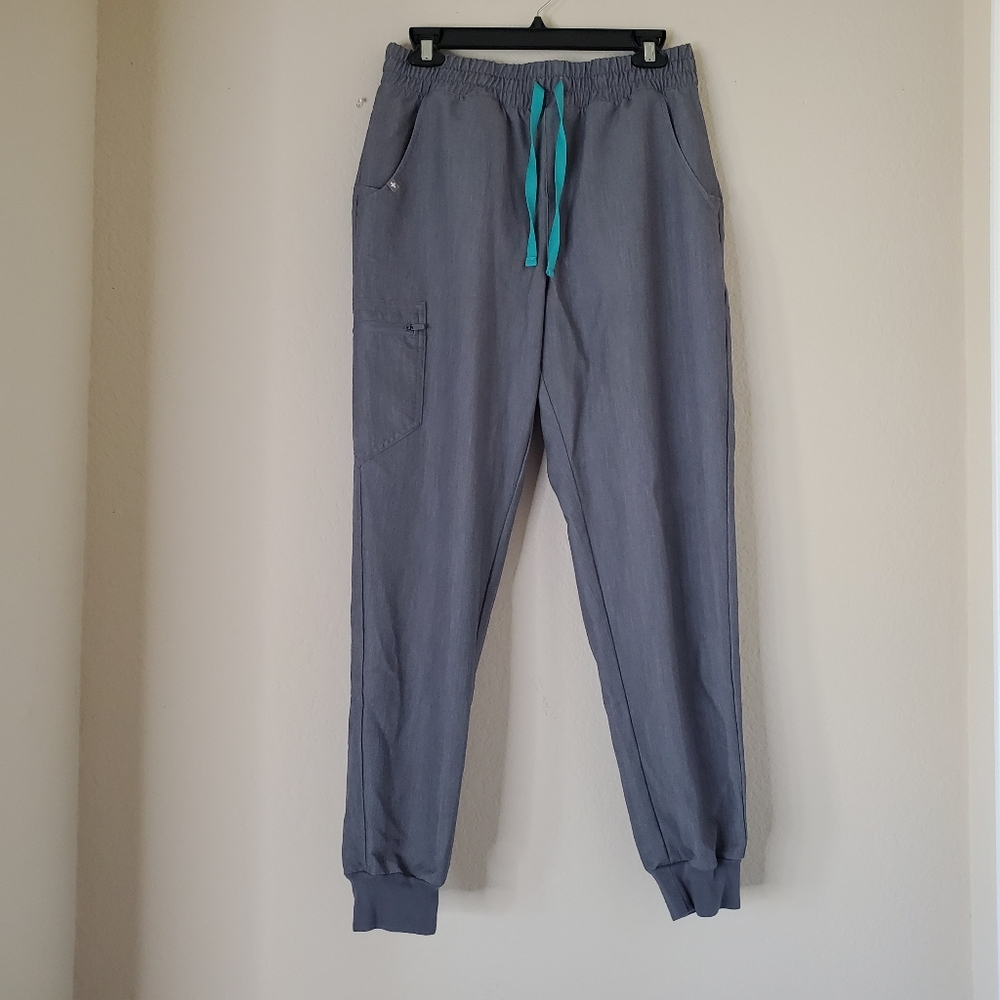 FIGS Zamora Scrub Jogger Gray Cargo Teal Drawstring Women Size M Elastic Waist
